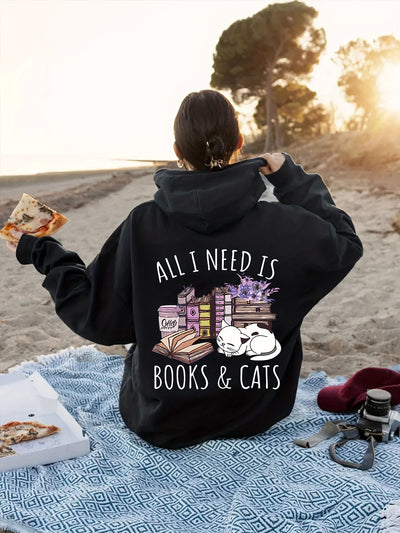 Feline Frenzy: Books & Cats Print Hoodie - Stay Cozy and Stylish this Winter/Fall with this Casual Hooded Sweatshirt for Women