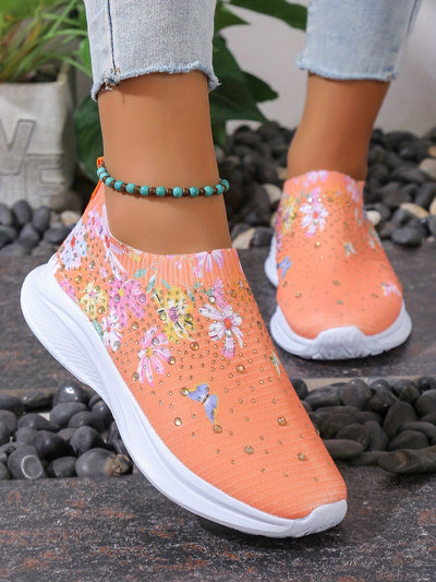 Stylish and Comfortable: Women's Floral Rhinestone Decor Sneakers - Slip-On, Lightweight Casual Shoes