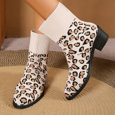 Stylish and Comfortable Women's Breathable Knit Chunky Heel Boots - Fashionable Slip-On Dress Boots for Ultimate Comfort