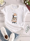 Stylish and Casual: Women's Cat Print Crew Neck T-Shirt - A Must-Have for Spring/Summer Fashion!