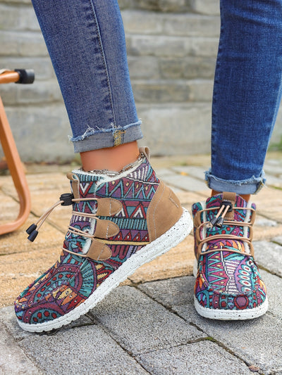 Cozy and Stylish: Women's Ethnic Geometric Pattern Slip-On Thermal Lined Flat Fuzzy Shoes for Winter