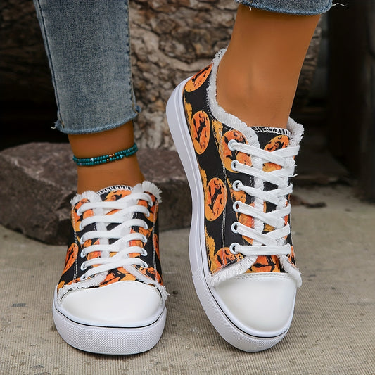 Halloween Pattern Canvas Shoes, Comfortable Women's Canvas Shoes with Lace-Up Closure and Round Toe