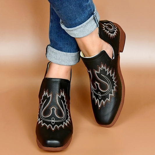 Retro Cut-Out Short Boots: Women's Embroidery Cowboy Boots with Square Toe and Chunky Low Heel