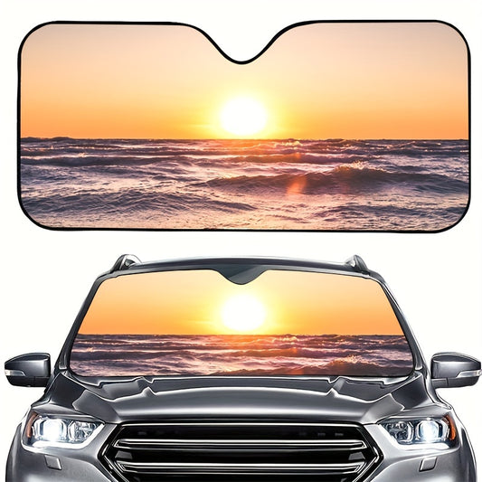 Protect your car from sun and heat with this stylish Seaside Sunset Scenery Car Windshield Sunshade. This sunshade features a beautiful seaside-inspired design, helping to block out up to 95% of UV rays, reduce interior temperature, and protect upholstery and dash. Keep your car cool with style!