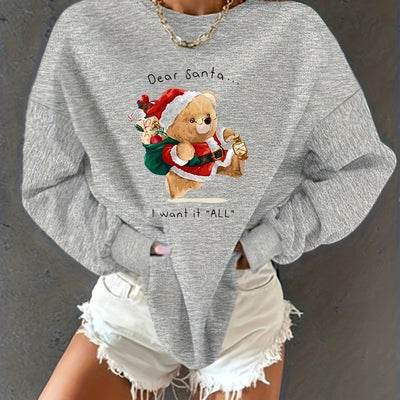 Cozy and Playful: Santa Bear Print Pullover Sweatshirt for Women