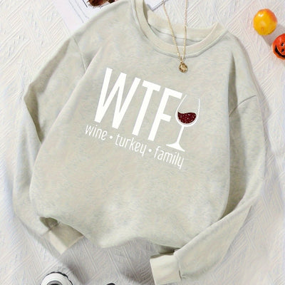 Wine Glass Letter Print Plus Size Casual Sweatshirt: Cozy and Stylish Fall/Winter Essential for Plus Size Women