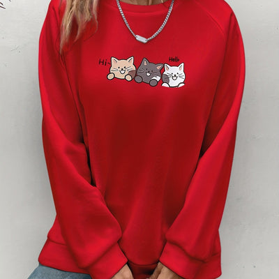 Cute Cat Pattern Crew Neck Sweatshirt: Embrace Casual Chic with this Stylish Women's Long Sleeve Raglan Shoulder Sweatshirt