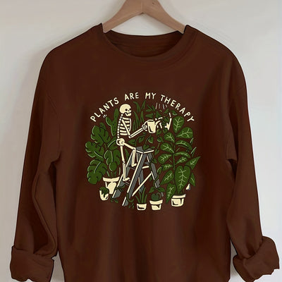 Stylish and Spooky: Women's Plus Size Halloween Casual Sweatshirt with Skull Plants Slogan Print