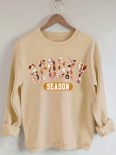 Women' Spooky Print Sweatshirt, Casual Long Sleeve Crew Neck Sweatshirt For Fall & Winter, Women's Clothing