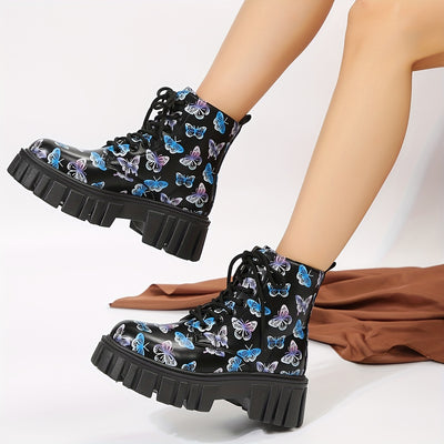 Fluttering Style: Women's Butterfly Printed Ankle Boots with Platform and Lace-Up Design