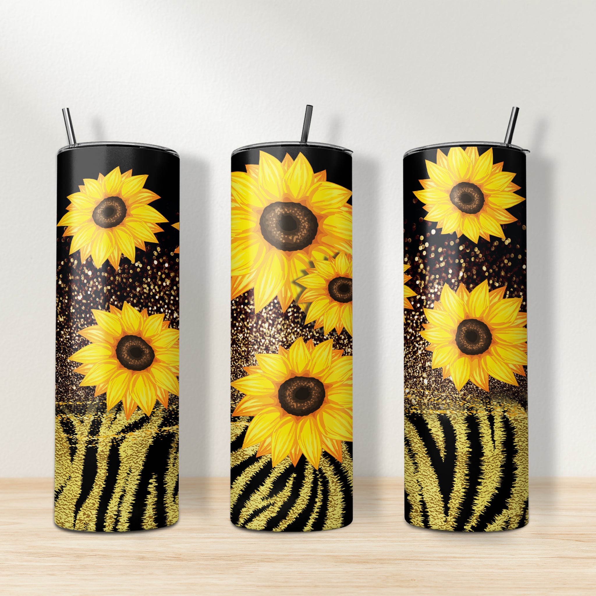 20 oz & 30 oz Skinny Tumbler Sublimation Designs, Sunflower Wrap Template, Gold Glitter Zebra Sunflower Tumbler - PNG Digital Download