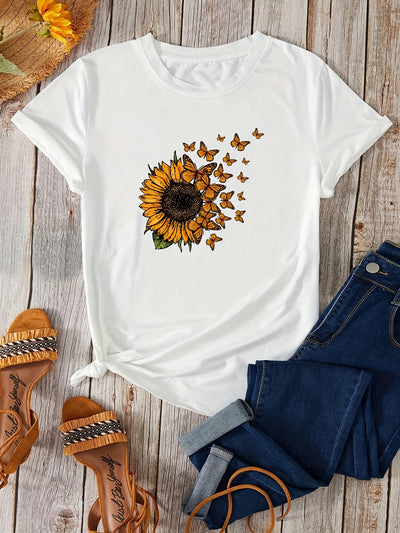 Sunflower Pattern Crew Neck T-shirt, Casual Loose Short Sleeve Fashion Summer T-Shirts Tops, Women's Clothing