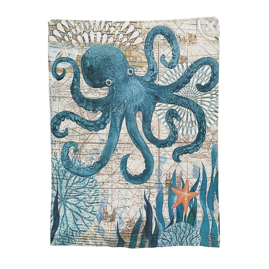 Retro Octopus Pattern Blanket, Old Map & Ocean Blanket, Octopus Lover Blanket