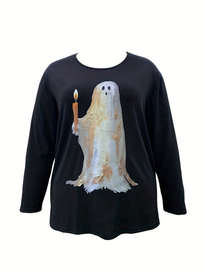 CUTE GHOST AND CANDLE PRINT PLUS-SIZE HALLOWEEN SWEATSHIRT: STYLISH AND COMFORTABLE WITH A SLIGHT STRETCH