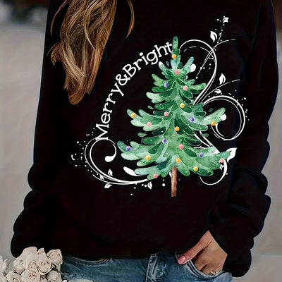 Festive and Fashionable: Plus Size Christmas Casual Sweatshirt - Women's Plus Christmas Tree Letter Print Long Sleeve Round Neck Slight Stretch Pullover Top