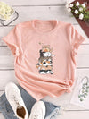 Stylish and Casual: Women's Cat Print Crew Neck T-Shirt - A Must-Have for Spring/Summer Fashion!