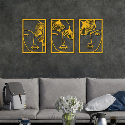 Golden Floral Cubic Woman Face Metal Wall Art: Abstract Line Art Decoration for Bedrooms and Housewarming Gift