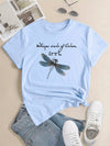 Colorful Dragonfly & Letter T-Shirt, Cute Cartoon Short Sleeve Crew Neck Shirt, Casual Every Day Tops, Women's Clothing