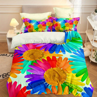 Vibrant Rainbow Daisy Print Duvet Cover Set: Luxuriously Soft and Stylish Bedding for Bedroom and Guest Room(1*Duvet Cover + 2*Pillowcases, Without Core)