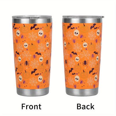 20oz Stainless Steel Halloween Pumpkin Pattern Tumbler with Lid and Straw - Double Walled Insulated Water Bottle for Cold Drinks, Perfect for Summer and Winter Travel