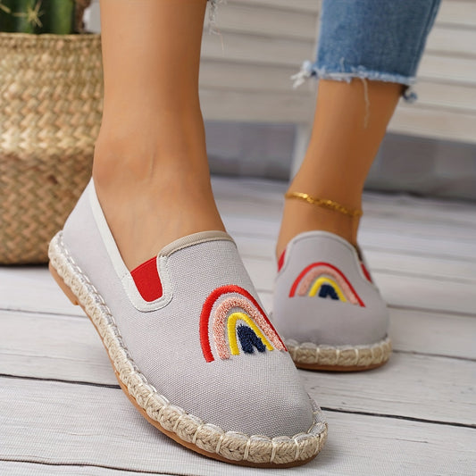 Step out in style wearing these Vibrant Rainbow Embroidered Print Slip-On Shoes for Women. Lightweight and ultra-comfortable, these shoes are perfect for travel or everyday wear. With unique and eye-catching embroidered detailing, you'll feel fashion-forward wherever you go.