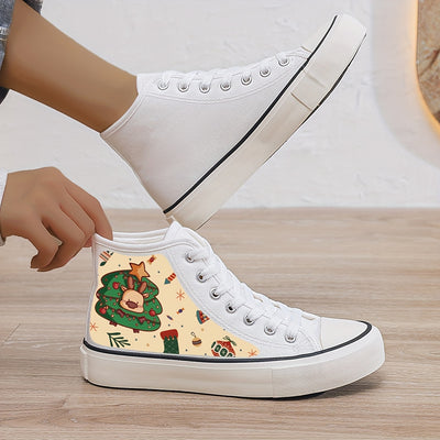 Cute Christmas Tree Print Canvas Shoes: Stylish High Top Outdoor Shoes with Plush Lining for Women