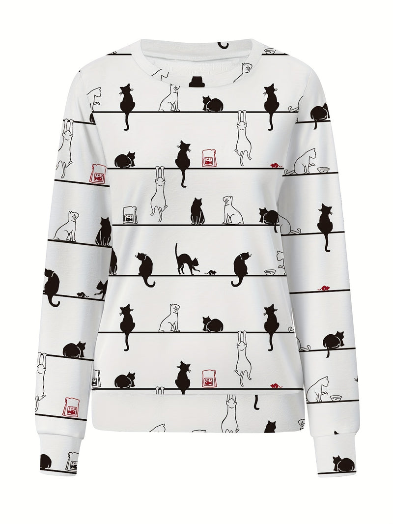 Fashionable Cat Print Pullover Sweatshirt: Stay Cozy and Stylish this