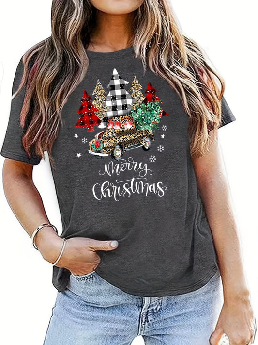 This Christmas Tree & Leopard Truck Print Tee from Women's Clothing is perfect for casual wear. Short sleeve and crew neck for all-day comfort, the print captures the holiday spirit and adds a fun pop of classic style. A great go-to for everyday outfits.