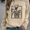 Halloween Skull Drink Graphic Print Sweatshirt, Casual Long Sleeve Crew Neck Sweatshirt, Women's Clothing