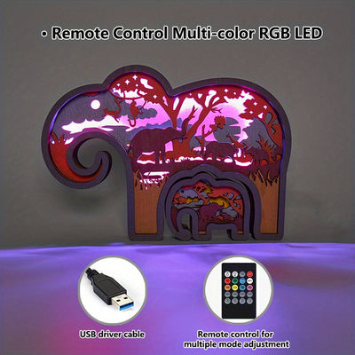 Elephant Baby 3D Wooden Art Carving LED Night Light: Exquisite Wood Carved Home Decor and Perfect Gift for Father's Day