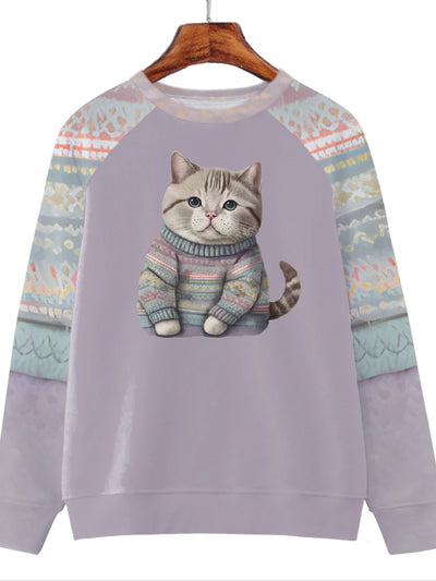 Adorable Feline Frenzy: Women's Cute Cat Print Crew Neck Sweatshirt - Casual, Long Sleeve & Drop Shoulder