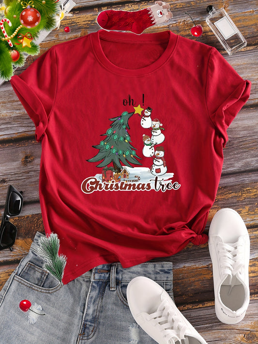"Add some holiday cheer to your wardrobe with our Festive and Fun Christmas Tree Snowman Print T-Shirt. Made from comfortable material, this stylish tee features a playful snowman and Christmas tree design. Perfect for any casual occasion, this shirt is sure to spread joy and warmth all season long."