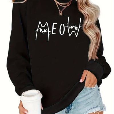 Adorable Feline Fashion: Cute Cat Print Sweatshirt for Women's Casual Chic