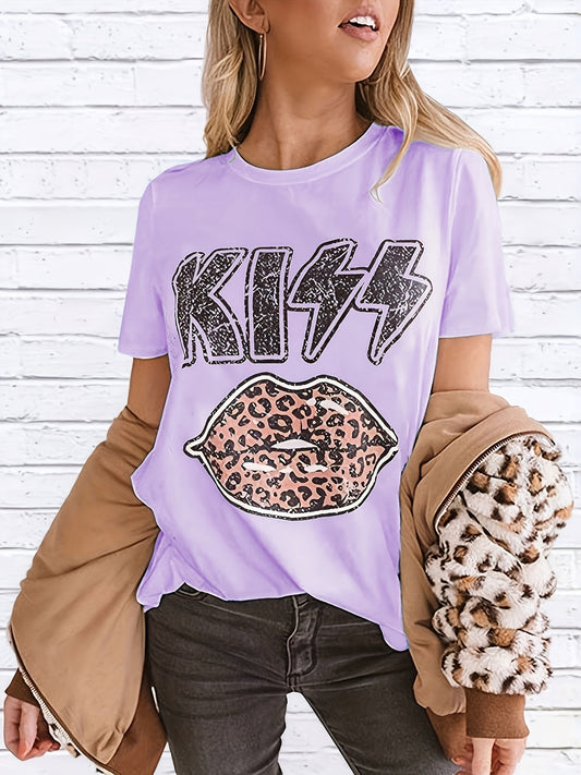 Introducing this retro Vintage Leopard Lips Print T-shirt, made with casual everyday style in mind. This top features a short sleeve crew neck design and a unique leopard lips print. Crafted from soft materials for comfort, this stylish piece of women's clothing is perfect for any casual occasion.