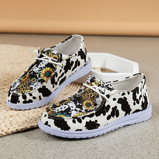 Women's Sunflower & Leopard Print Canvas Shoes, Flat Slip On Shoes, Lightweight & Comfortable Shoes