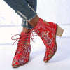 Floral Embroidered Chunky Heel Boots: Fashionable Point Toe Lace-Up Boots for Women - Comfortable Cowboy Boots