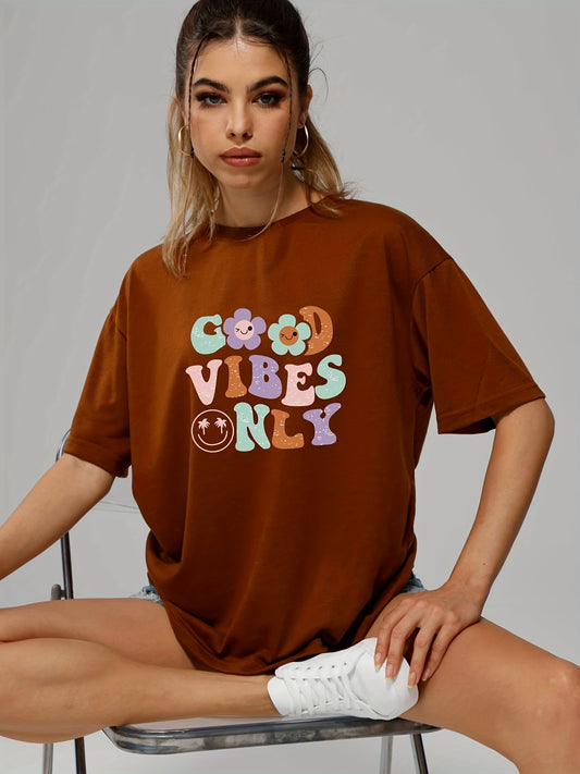 This women's summer graphic tee brings a smile to everyone's face. It features a colorful flower graphic with a cartoony twist. Crafted with quality materials for comfort, this tee is perfect for everyday wear.