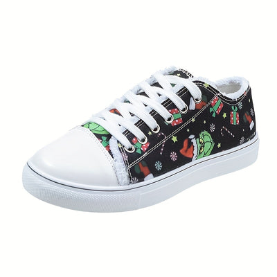 Step into Festive Fun with Women's Elf-Printed Canvas Sneakers: Casual Christmas Flat Shoes