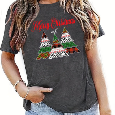 Festive Delight: Colorful Christmas Tree Print Crew Neck T-Shirt