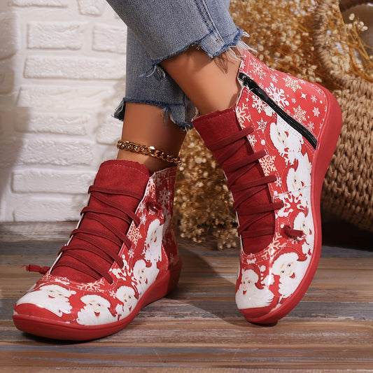 These Santa Claus pattern boots are perfect for the festive season. Lace-up sides and a side zipper make them easy to wear and comfortable. Crafted from high-quality materials, they're a must-have for Christmas celebrations.