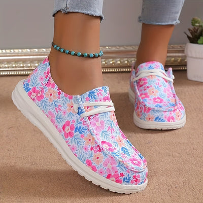 Women's Floral Pattern Print Canvas Shoes, Slip-On Loafers with Lightweight Round Toe