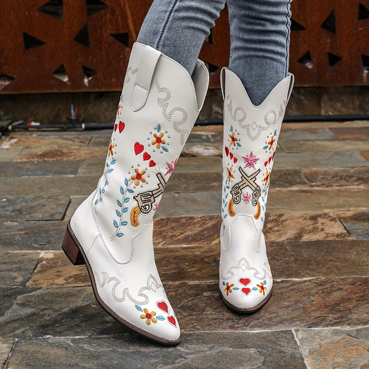 Heartflower Elegance: Women's Western Cowboy Boots with Embroidered Accents