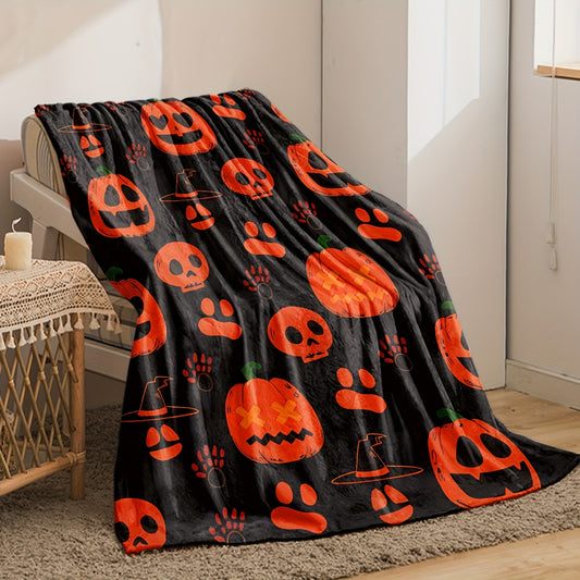 Cozy up with the Spooky Season: Halloween Pumpkin Print Flannel Blanket - Perfect for Home Decor, Travel, and Gifting!