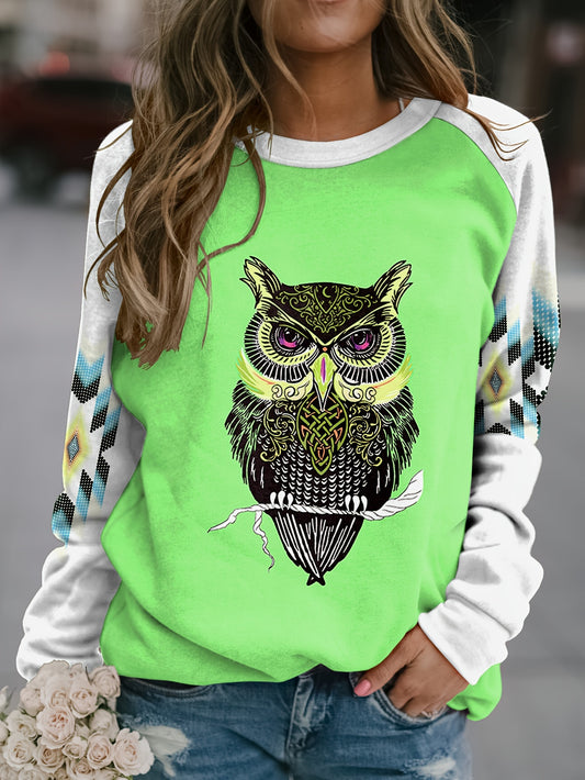 Look your best with this Women's Owl Geometric Print Plus Size Casual Sweatshirt. Made from comfortable and durable fabric, this top is designed to keep you cozy and stylish during the cooler Fall/Winter months, no matter what your size.