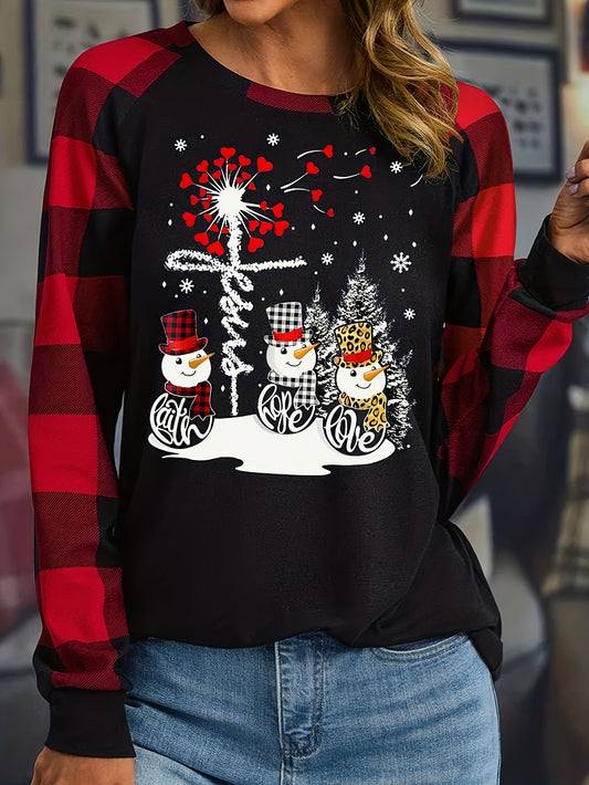 This stylish plus-size Christmas T-shirt is crafted from soft and stretchy fabric for a comfortable fit. Featuring a plaid snowman, cross, and dandelion print, it has a round neckline and raglan sleeves for a flattering look. Perfect for the holiday season.