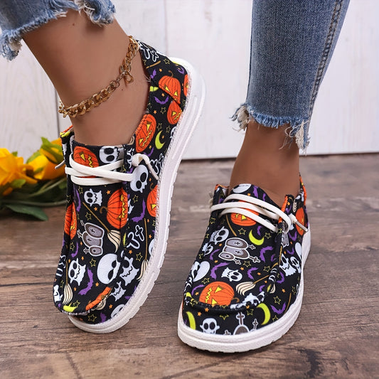 Spooktacular Delight: Happy Halloween Multicolor Pumpkin, Skeleton, and Ghost Print Skate Shoes – Lightweight Low-Top Board Shoes