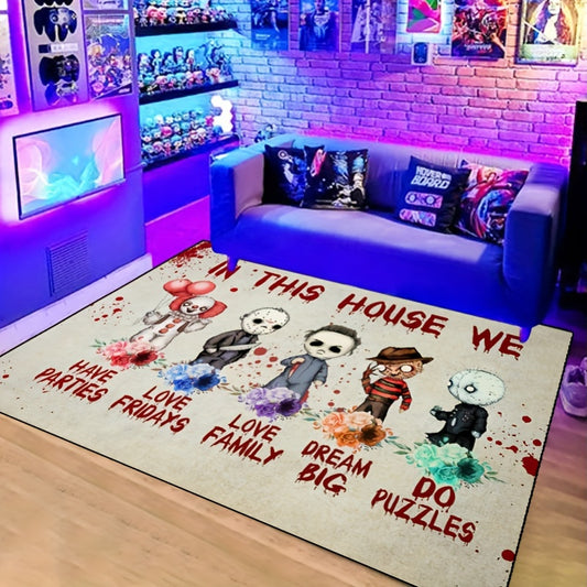 Greet your guests with a spooky surprise this Halloween with the Creepy Anime Horror Rug. This unique rug features your favorite spooky movie characters, bringing frightful elegance into any home. It's a great way to add a festive touch to your home decor.