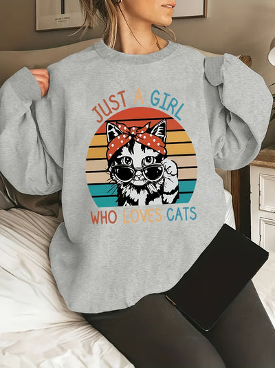 Playful Purrfection: Women's Plus Size Casual Sweatshirt with Funny Cat Slogan Print for Fall/Winter Fashion