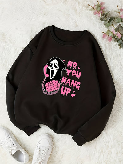 This Skull & No You Hang Up Print Pullover Sweatshirt is perfect to wear during the fall and winter season. Crafted from high-quality fabric, this casual long sleeve crew neck sweatshirt features a stylish print and is ideal for women's clothing.