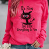 I'm Fine, It's Fine and Cartoon Cat Print Sweatshirt, Long Sleeve Crew Neck Casual Sweatshirt For Winter & Fall, Women's Clothing